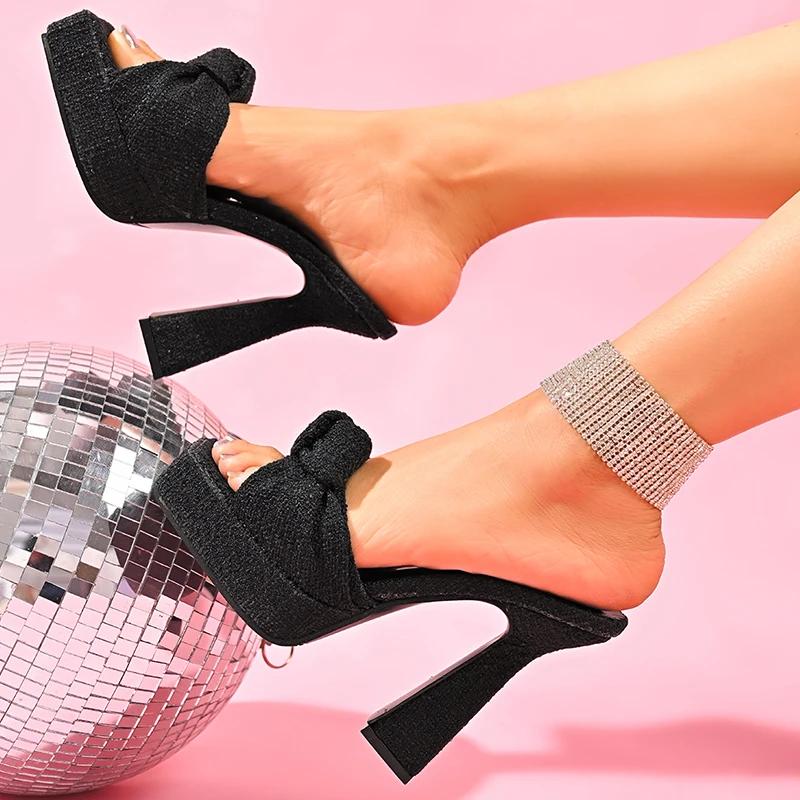 Mode Mode Schleifenknoten Dicke Sohle Pantoletten Damen Neuer Stil Quadratische Zehenpartie Hoher Absatz Hausschuhe Weiblich Sommer Übergröße Slipper Sandalen Mujer