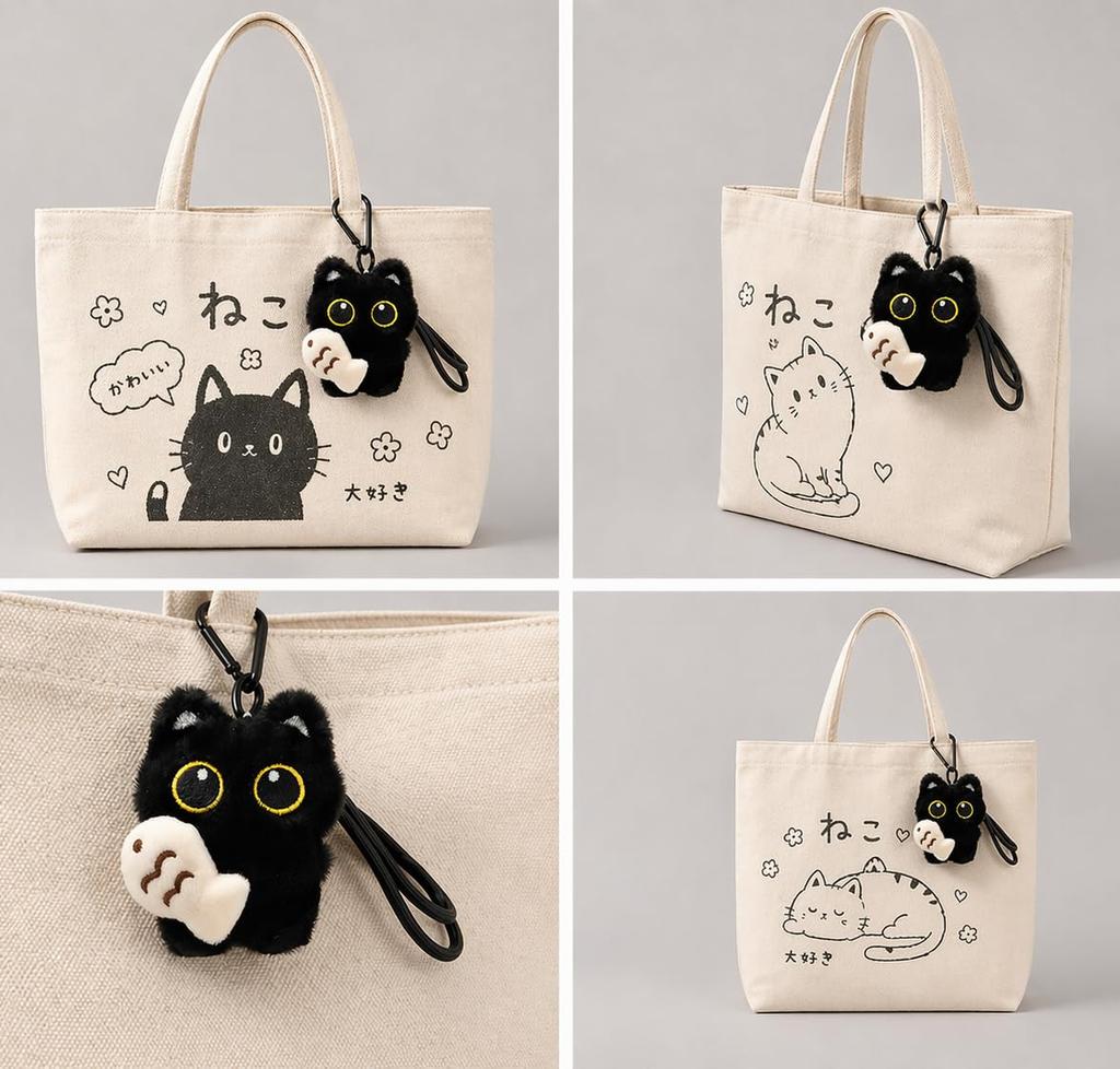 [sansejin] Black Cat Plush Toy, Set of 2, Keychain with Carabiner, Cute Cat with Big Eyes, Charm, Bag Decoration, Gift for Women