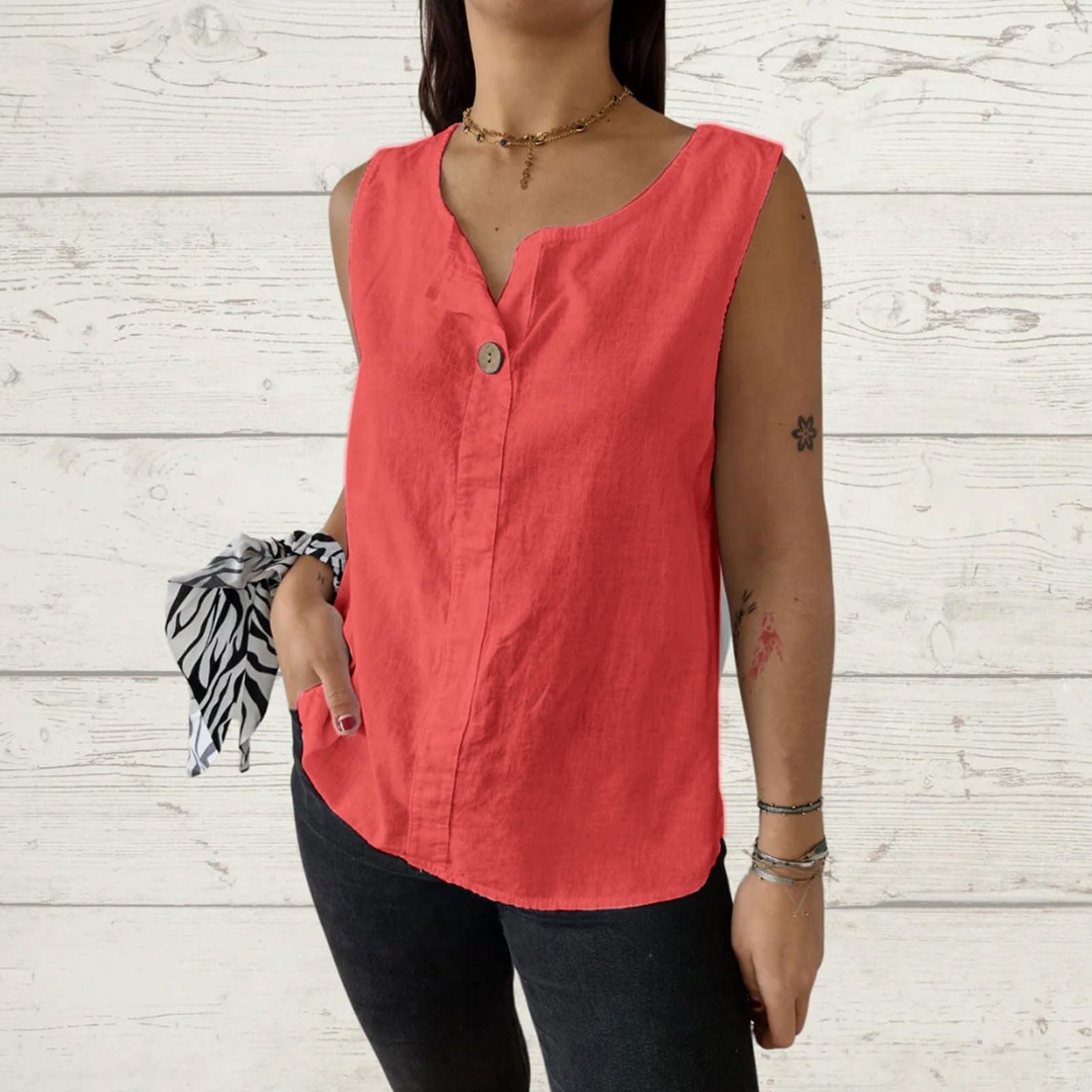 

Женская однотонная повседневная свободная футболка из хлопка и льна с пуговицами на рукавах и без рукавов M красный