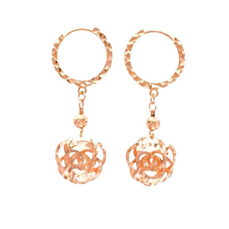Exquisite Pure Russian 585 Design Hollow-Plated Rose Earrings, Beautiful Women'S Shiny Gold Earrings