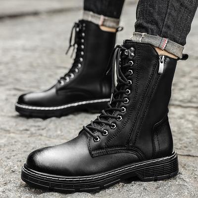 Fashion2024 Autumn And Winter New Lace Up Boots High Top Casual Leather Boots Side Zipper TrendBoots British Style Black Men Shoes