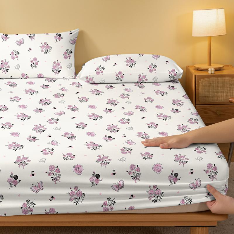 1 Simple Modern Plant Flower Butterfly Printed Matte Fitted Sheet, Bedroom Printed Bed Cover, Bedding (Excluding Pillowcases)