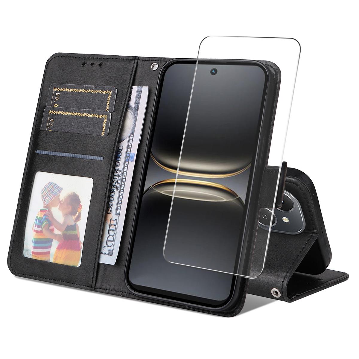 

For TECNO Spark 40C PU Leather Wallet Case Phone Stand Cover with Tempered Glass Black