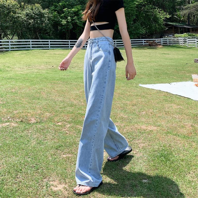 Jeans women's autumn new high-waisted and thin floor-mopping straight-leg pants loose casual pants