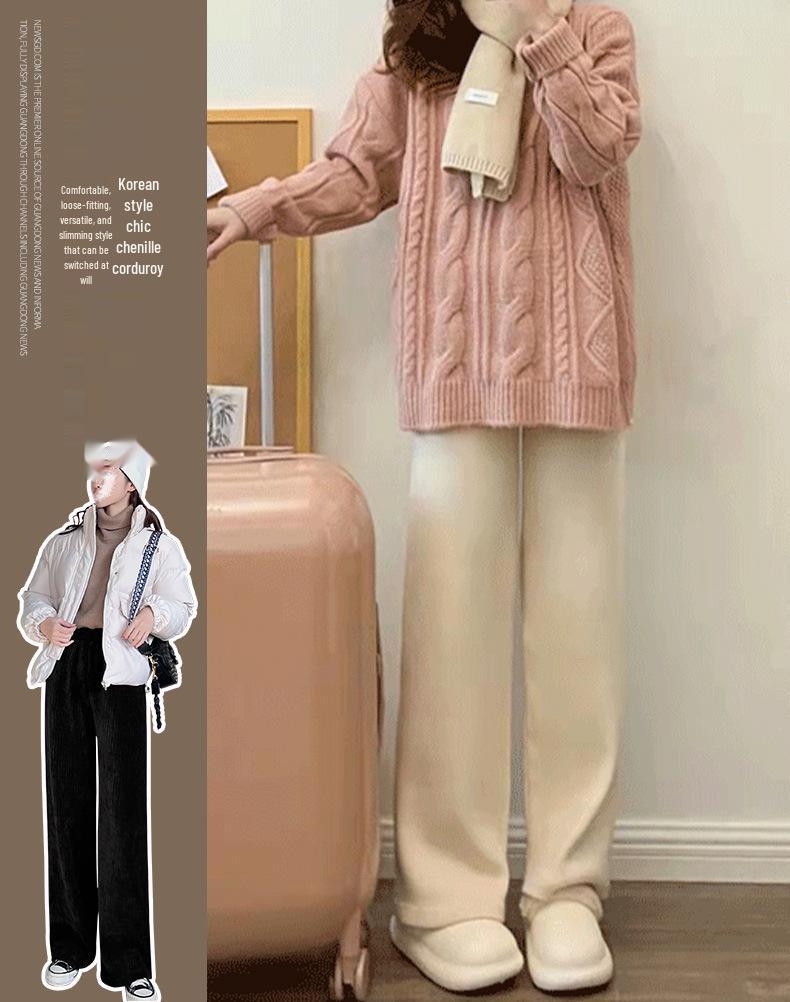 Petite Plus Velvet Corduroy Wide-Leg Pants for Women - High Waist, Loose Fit, Autumn/Winter.