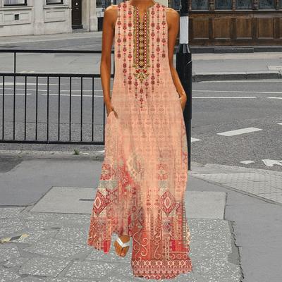 Yousheng Damen Maxikleid mit Taschen Blumendruck A-Linie V-Ausschnitt Ärmellos Locker Vollständig Länge Kleid für Urlaub Strand Partys