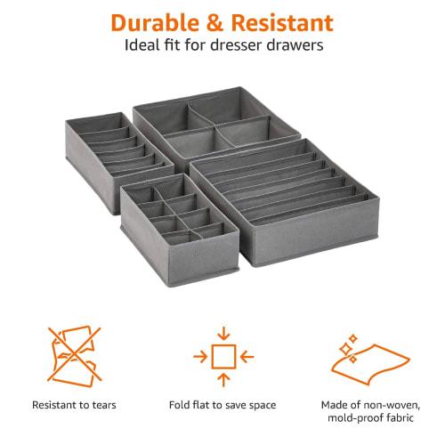 Basic Storage Boxes and Drawer Organizers, Gray, for Dressers and Underwear, Set of 4