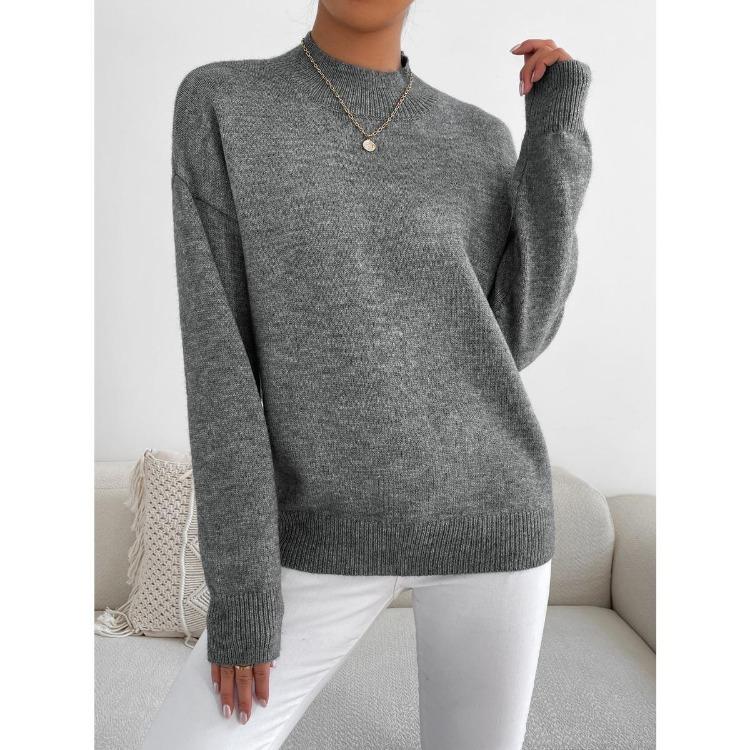 Solid Color Loose Knit Top Semi High Neck Pullover Long Sleeved Sweater Women Autumn and Winter