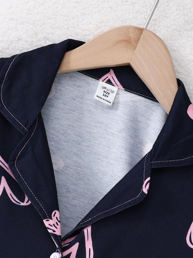 Tween Girl Casual Cute Heart Letter Printed Flame Resistant Long Sleeve Cardigan Pants Comfortable Loungewear Set Black And Pink Autumn