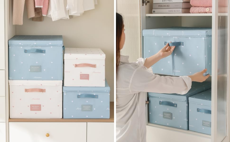 NEOVIVA Storage Box with Lid, Foldable, Cute Storage Case, Clothing Storage Basket, Stylish, Large Capacity, Durable, White, Size S