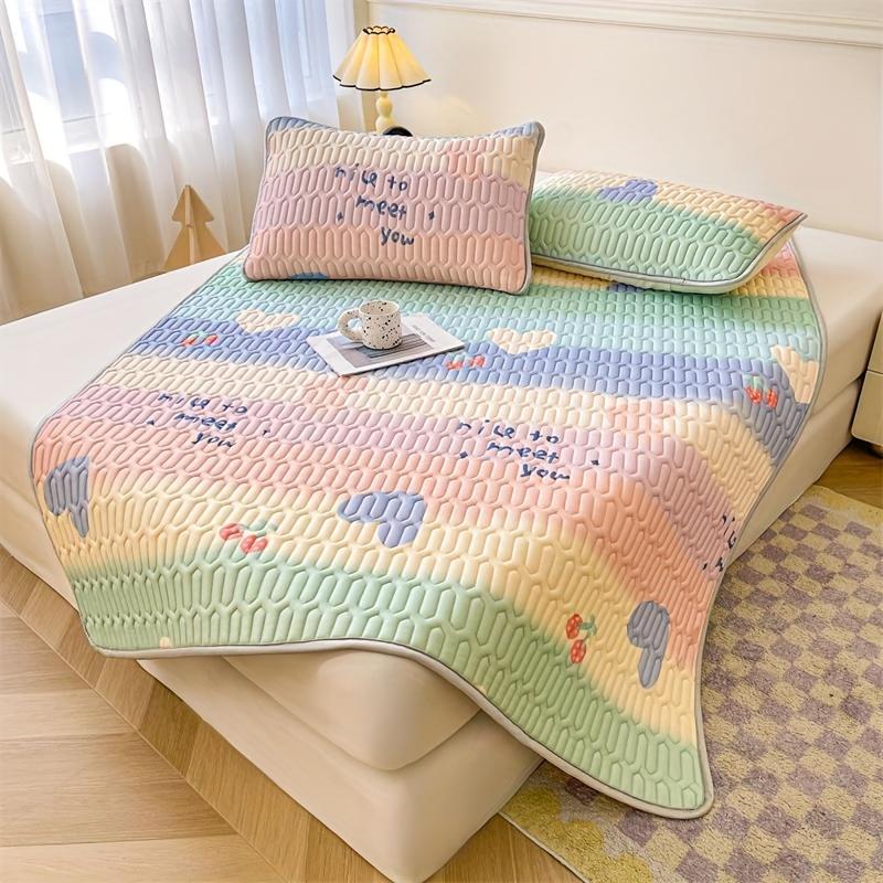 [Soft Cooling Sheet] 1pc Soft & Breathable Lyocell Latex Cooling Sheet - Fun Rainbow & Floral Print Mattress Pad | Crisp, Cartoon Design for Summer