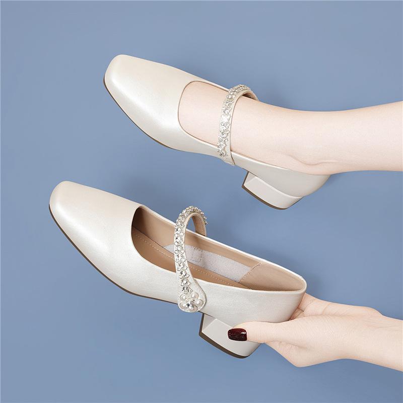 Rhinestone thick heel Mary Jane shoes women's autumn new with skirt temperament square head low heel light mouth single shoes