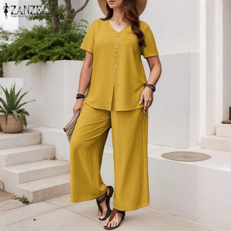 ZANZEA Women Short Sleeve Blouse and Cropped Pants Summer Two Piece Suit Sets