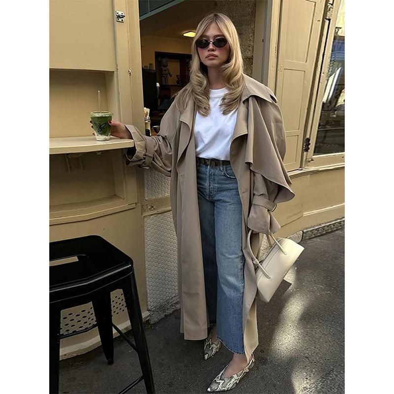 Women Casual Lace Up Long Trench Coat Chic Solid Color Full Sleeve Lapel Windbreaker New Fashion Loose Commute Jackets