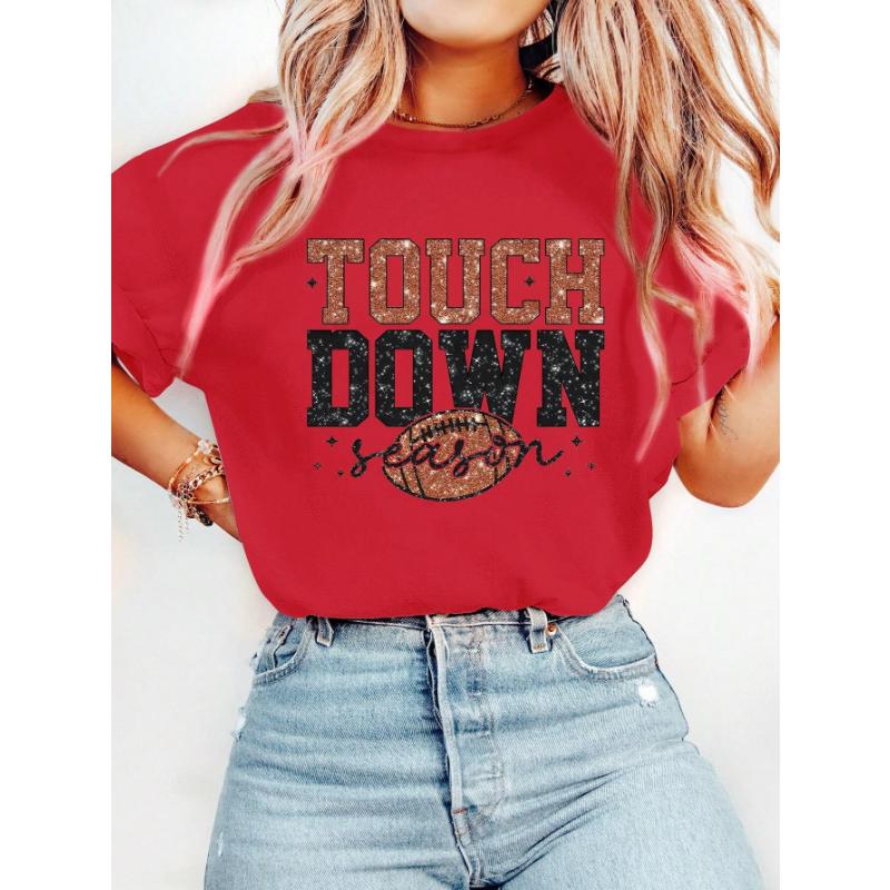 Women's Casual Round Neck Short Sleeve Olive Green Football Letter Print T-Shirt