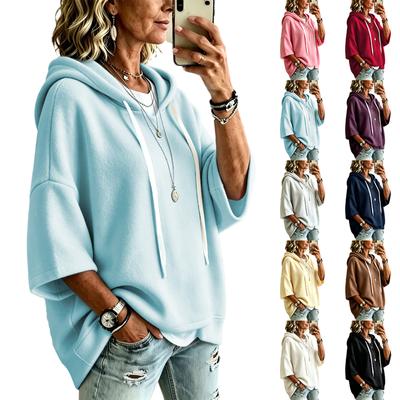 Women's Hooded Sleeve T-Shirt with Drawstring and Three-Quarter Sleeves