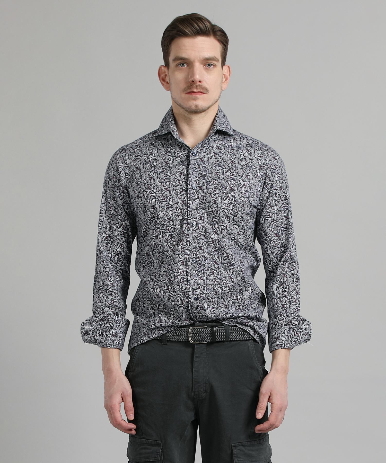 Panicalle Botanical Print Cotton Shirt [Navy] Navy/L