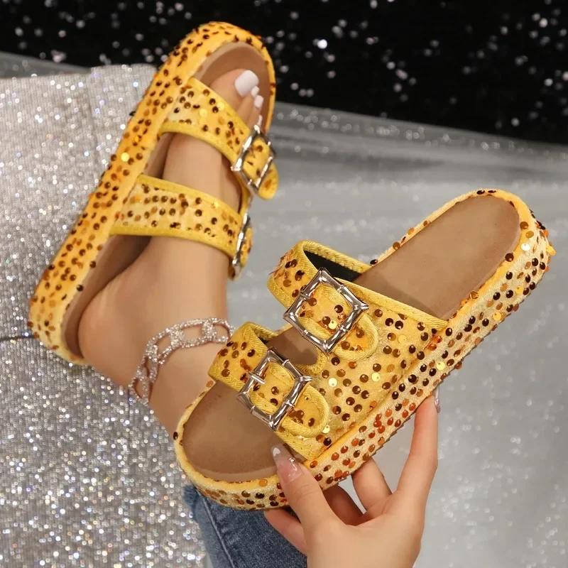 Women's Slippers 2024 Brand Plus Size Fashionable Sequin Flat Shoes New Belt Buckle Exposed Toe Outdoor Casual Women's Slippers