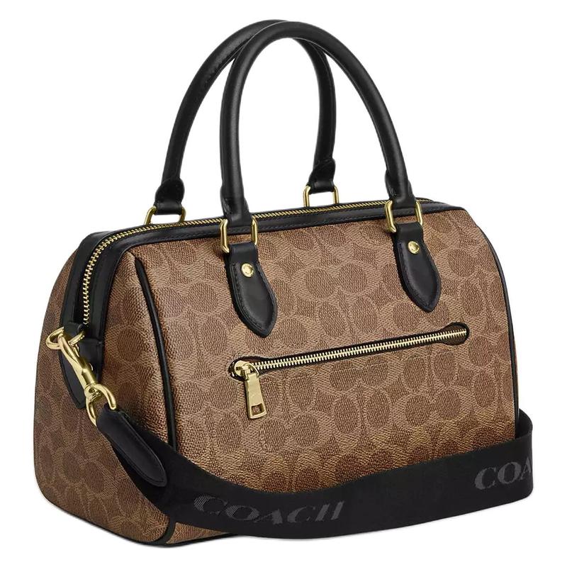 COACH Rowan 25 Metal Logo Zip Closure Coated Canvas Shoulder Crossbody Tote Medium Women's Tan and Black