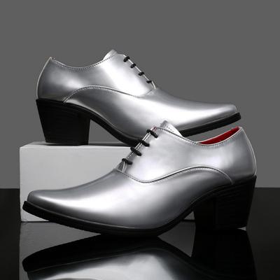 2024 Silvery High Heels Men Dress Shoes Luxury Height Increasing Comfortable Wedding Shoes Pointed-Toe Lace-up Leather Shoes Man