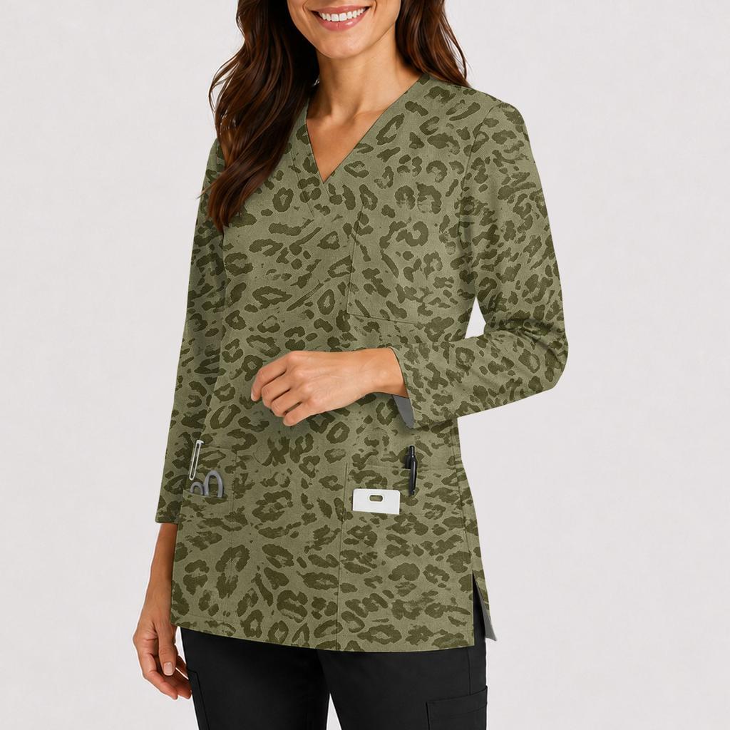 Women's Printed Scrub Top, V-Neck, Double Pockets, Side Slit, 3/4 Sleeve
