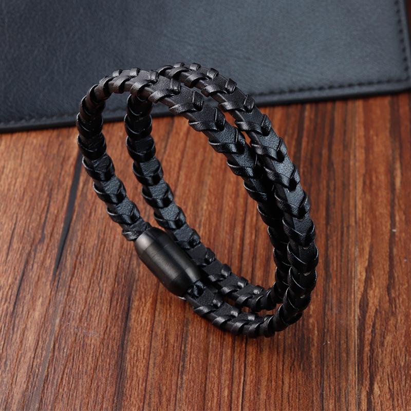 Sporty Style Geometric Stainless Steel Magnetic Clasps Genuine Leather Bracelet For Men Women Hand Jewelry Birthday Gift