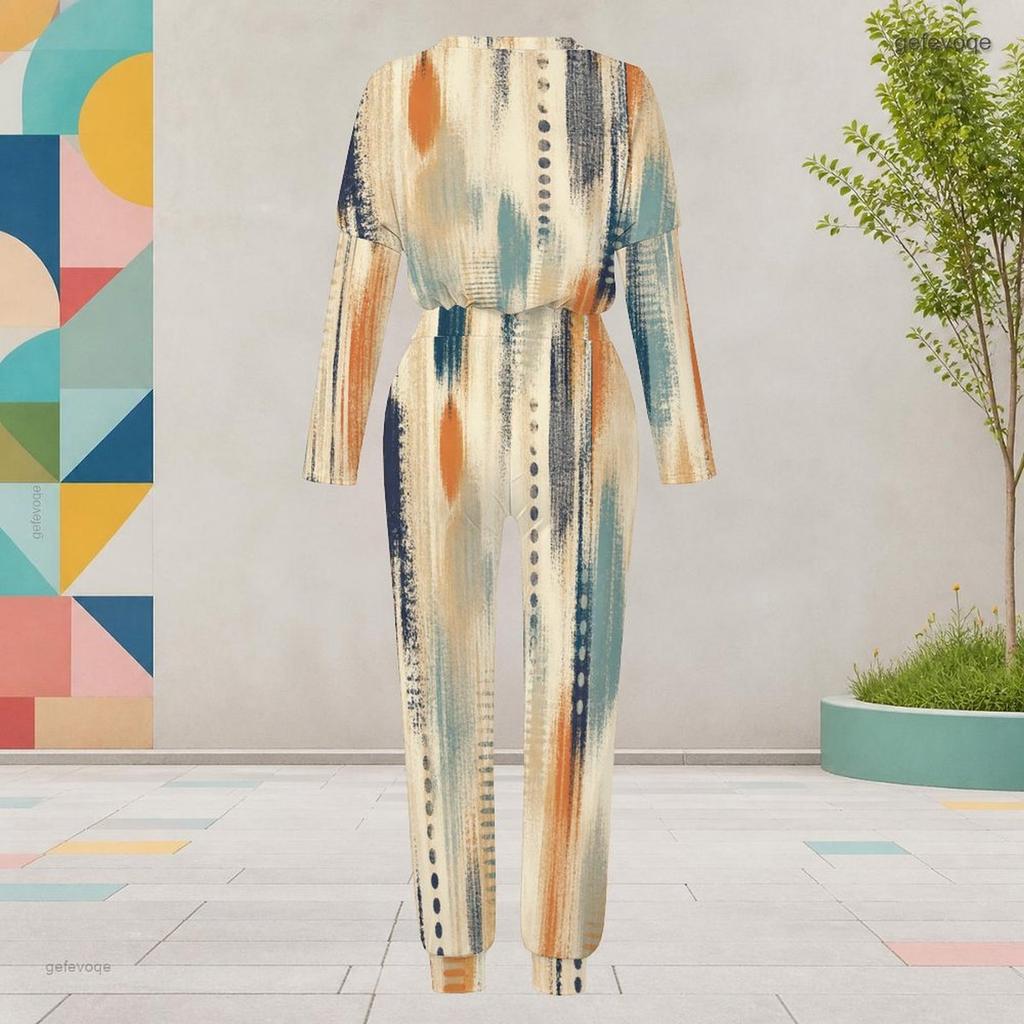 Women Plus Size Printed Round Neck Long Sleeve Two Piece Set Cuffed Top And Pants With Pockets