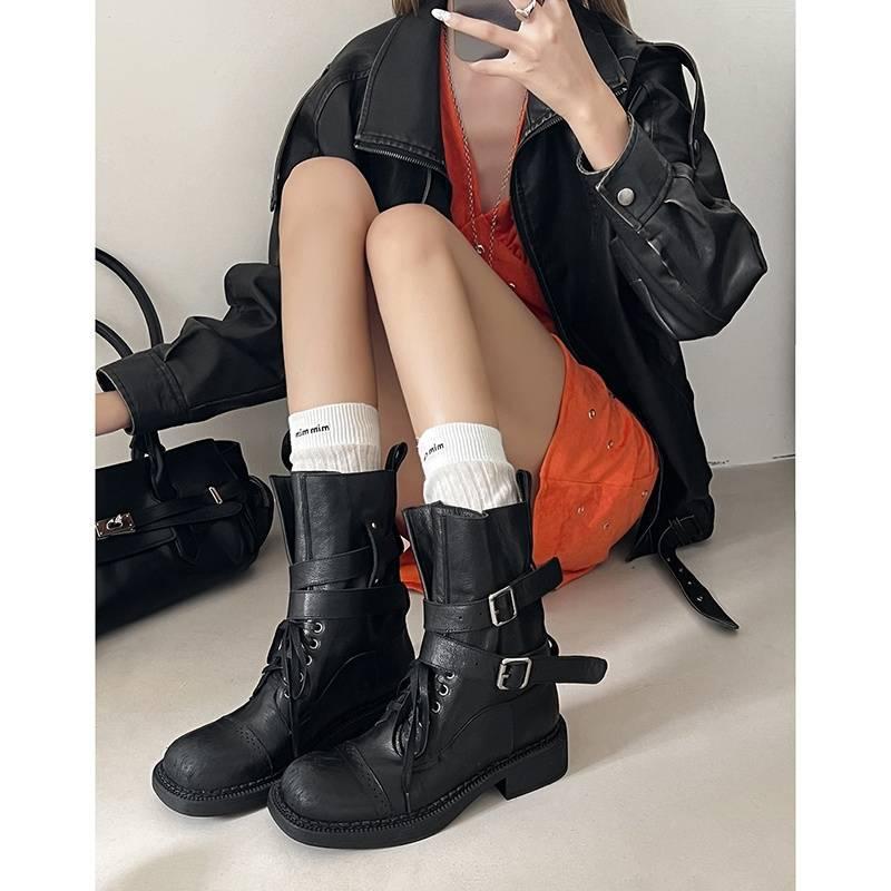 Autumn and Winter Large Tube Knight Boots Women's Leather Large Size Women's Boots Sleeve Solid Color Cowhide Rubber Sole Versatile Medium Tub