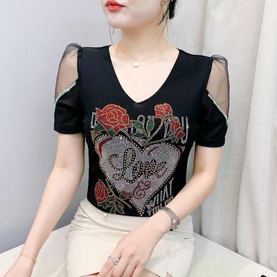 Streetwear Girl Chic Summer T-shirt Fashion Sexy Slim Women Flower Heart Tops Shiny Rose Hot Diamonds Design Tees