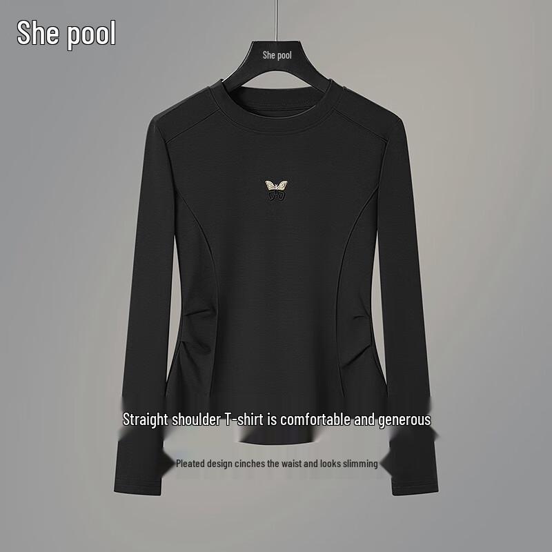 Women s Pleated Slim Fit Round Neck Base Layer Top L