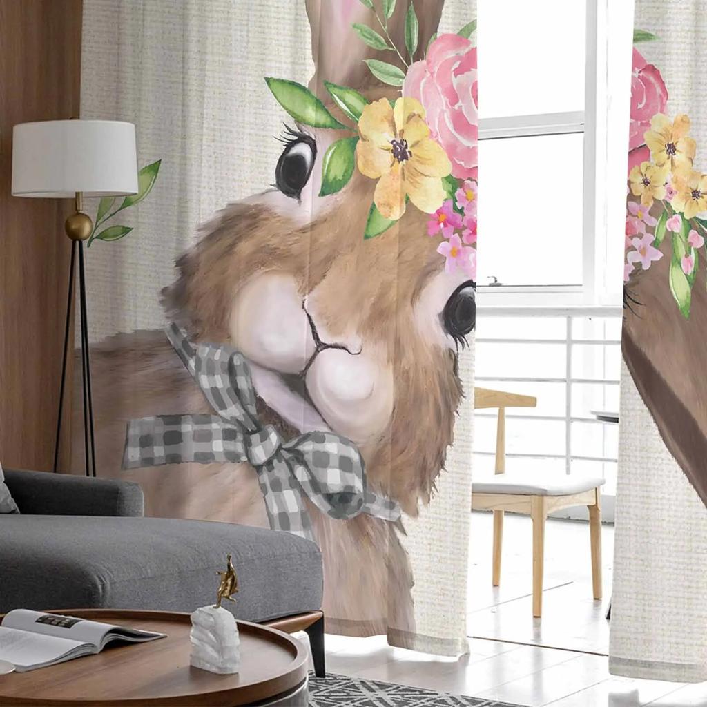 Osterhasen-Blumen-Retro-Tüllvorhänge für Wohnzimmer, durchsichtiger Vorhang für Schlafzimmer, Küche, Jalousien, Voile-Vorhänge