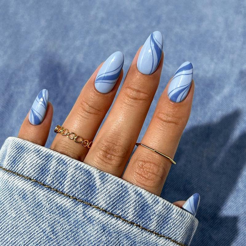 Elegant Sky Blue Nail Art Stickers: Wearable Nail Tips with White Accents, Cool and Stylish Design