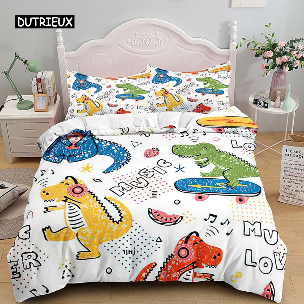 Cartoon Dinosaur Duvet Cover 3D Kawaii Animal Boy Bedding Set for Kids Girls Soft Microfiber Quilt Cover with Zipper Closure