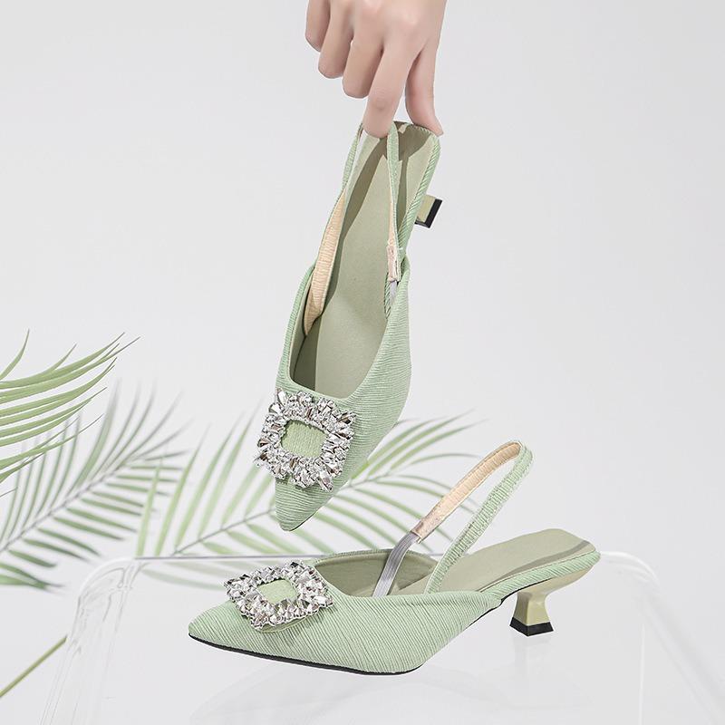 Baotou Sandals Women's 2026 New Summer Rhinestone Square Buckle Fairy Wind Back Empty French Stiletto High Heel Pointed Single Shoes