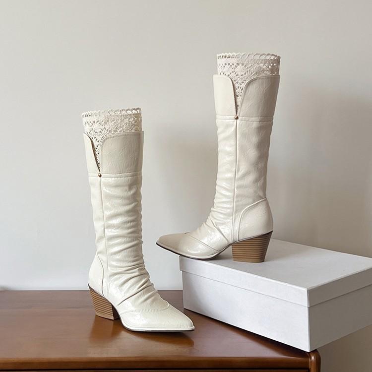 Retro pointed lace brown Maillard boots 2025 autumn and winter temperament versatile thick-soled thick-heeled knight boots women