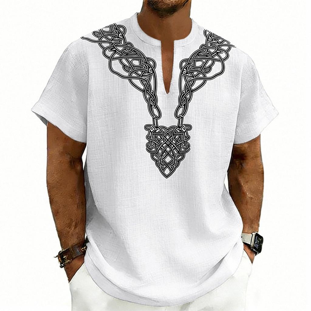 Men’s Lightweight V Neck Short Sleeve Loose Fit Shirt with Linen Texture and Pattern for Casual Comfort Wear
