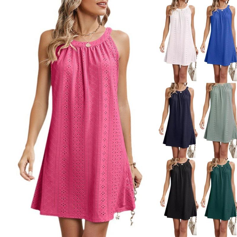 Women's Fashion Summer Spring Solid Color Print Sleeveless O-Neck Casual Dresses