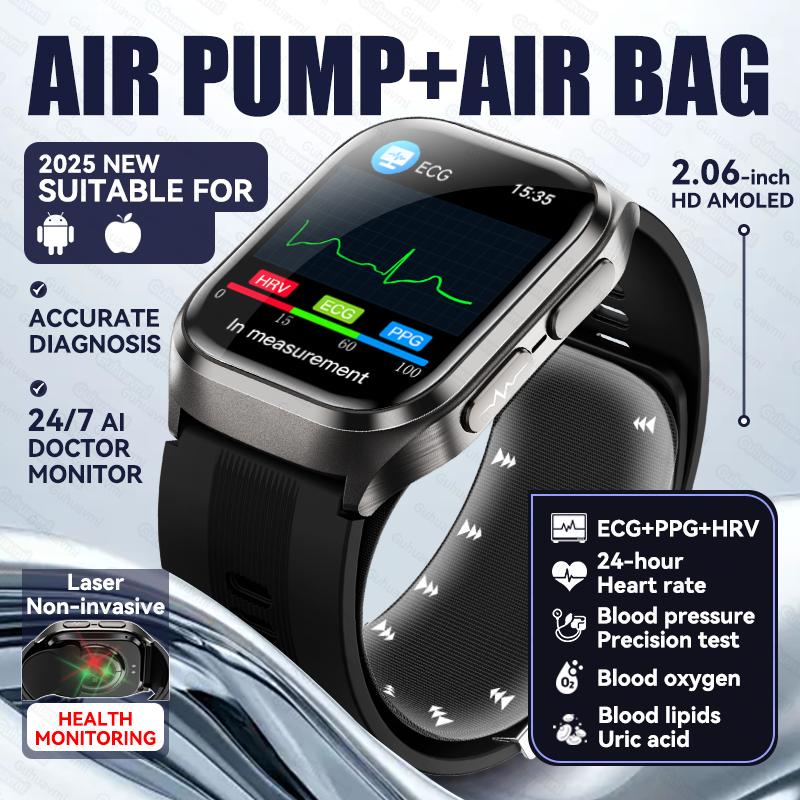 2026 New Men Airbag Air Pump ECG Blood Pressure Uric Acid Blood Fat Temp Health Monitor Bluetooth Call 2.06-inch AMOLED Smart Watch