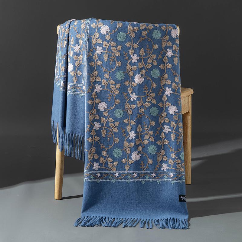 Xinjiang Embroidered Imitation Cashmere Scarf: Women’s Ethnic Style, Warm and Versatile with Tassels
