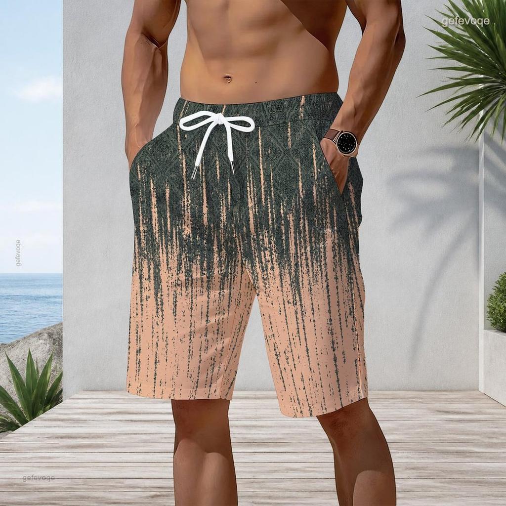 Men Plus Size Abstract Gradient Print Beach Shorts Elastic Waist Drawstring Loose Casual Shorts With Pockets For Swimming Surfing Summer Vacation