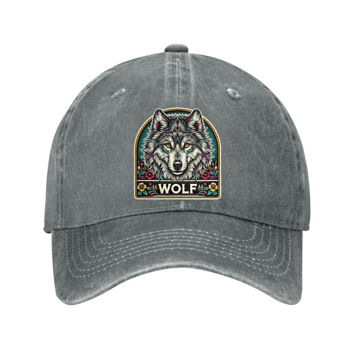 

Wolf Floral Graphic Baseball Cap Vintage Washed Cotton Dad Hat Adjustable Casual Unisex Cap One Size