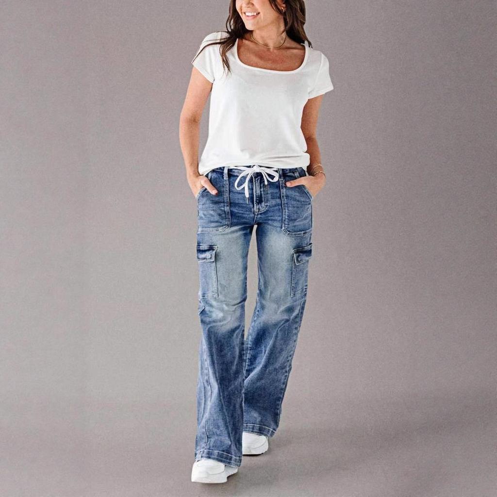 VEZFAA Pantaloni e capris a vita alta con stampa tinta unita casual alla moda da donna