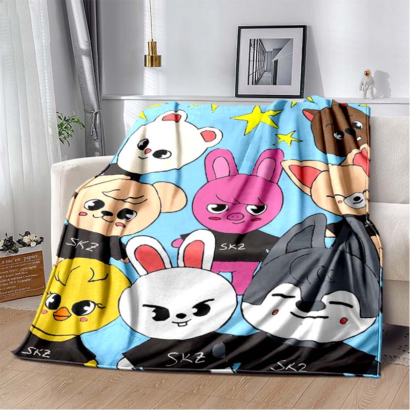 Kawaii Cartoon Animal Characters Print Flannel Blanket, Black Background Throw Blanket
