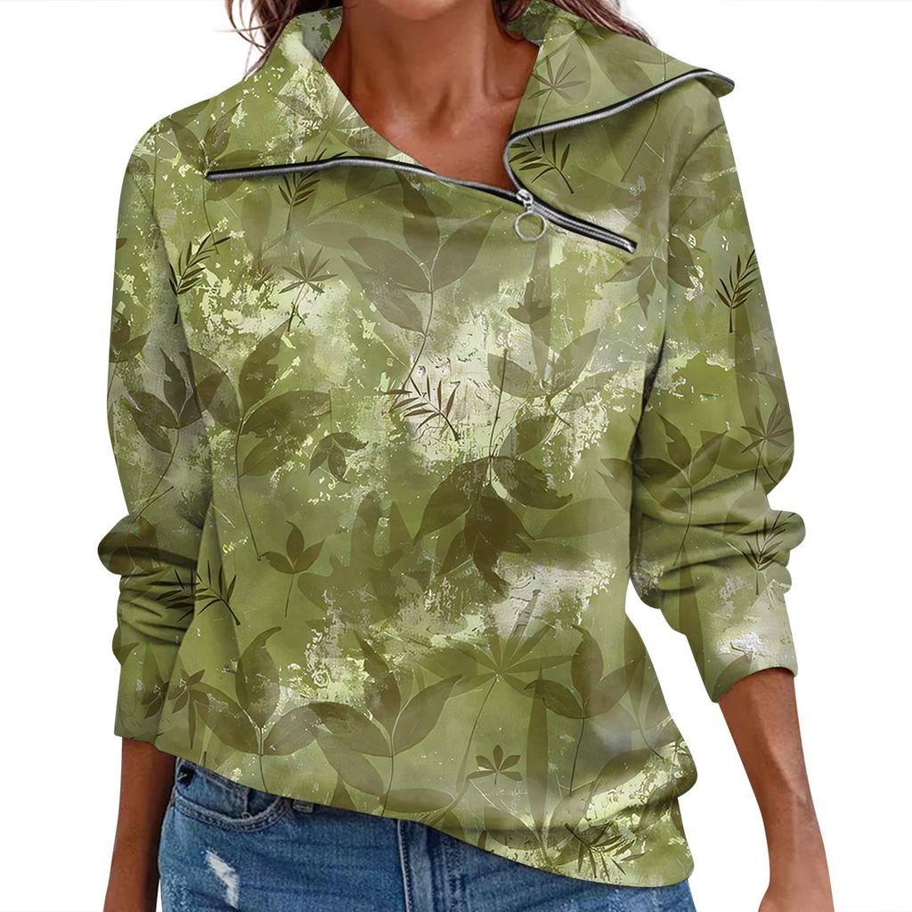 Damen Herbst T-Shirt Lockerer Pullover Sport Tops Reißverschluss Lässig V-Ausschnitt Langarm Bedrucktes Oberteil
