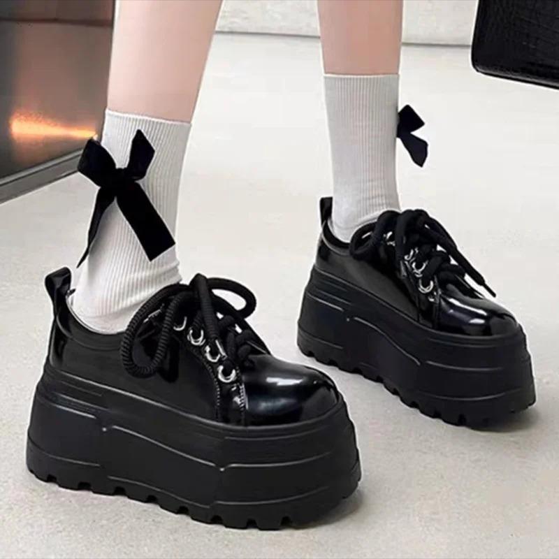 Britisches Stil 8cm Höhenerhöhung Slipper Neue Dicksohlige Schnürlederpumps Schwarz Klobiger Absatz Mary Jane Einzelne Schuhe