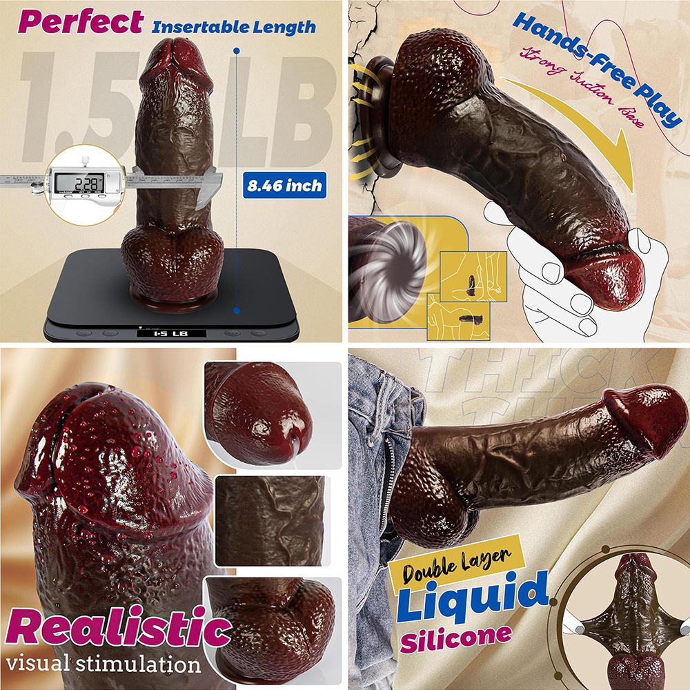 Big Dark Realistic Silicone Dildo for Women with Strong Suction Cup Hand-Free Vagina & Anal G-spot Sex Toy for Adults 18+