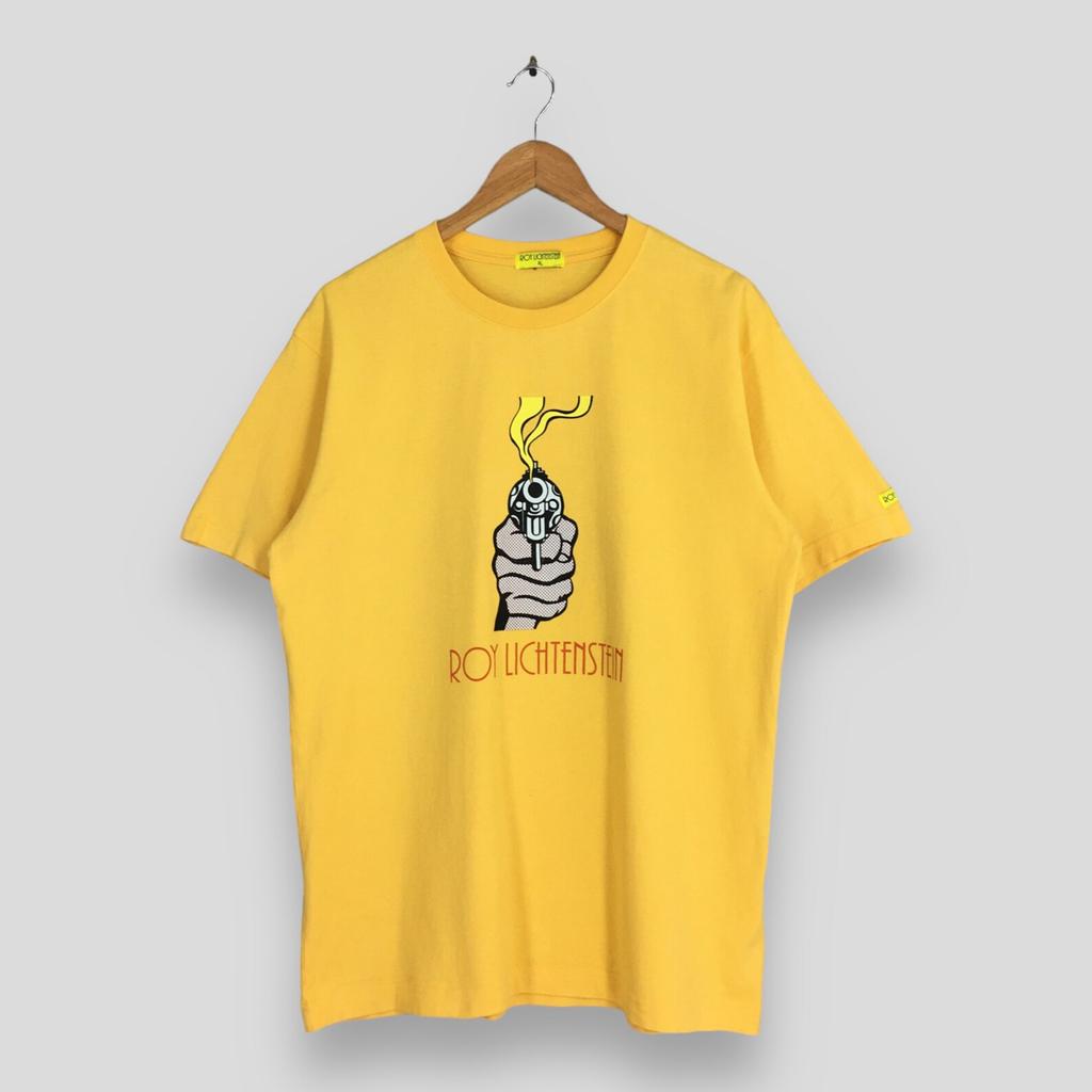 Vintage Roy Lichtenstein Gun in America (1968) Art Yellow T shirt XLarge Pop Art Abstract Roy Lichtenstein Lithography Artwork Tee Size XL
