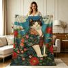All Season Flannel Blanket with Kimono Cat Floral Print Soft Warm Throw Blanket for Couch Sofa Living Room Office Bedroom Home Decorative