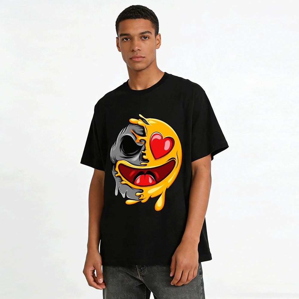 Melting Skull Heart Eye Emoji Print Trendy Casual Short Sleeve Tee Pure Cotton T-shirt
