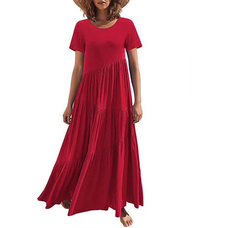 Loose Long Skirt, Short Sleeves, Round Neck Asymmetrical Rocking, Layered Beach Showing Thin Wind